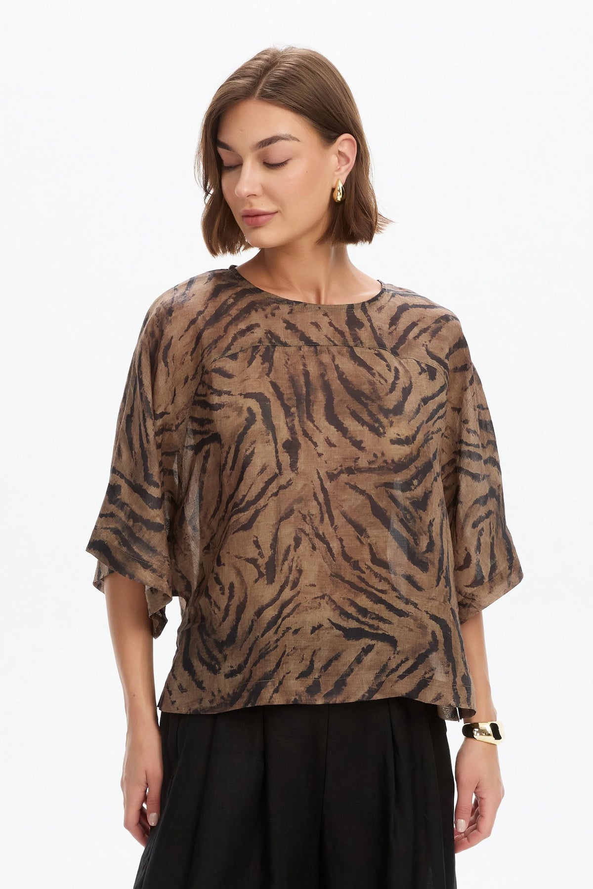 Tirelli Wide Sleeve Sheer Print Top Choc Tiger