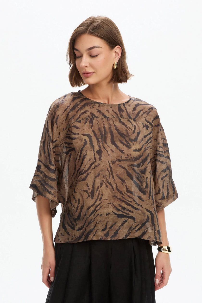 Tirelli Wide Sleeve Sheer Print Top Choc Tiger