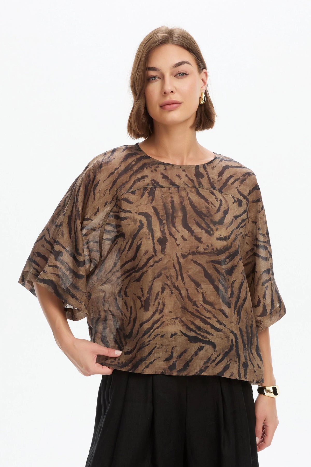 Tirelli Wide Sleeve Sheer Print Top Choc Tiger
