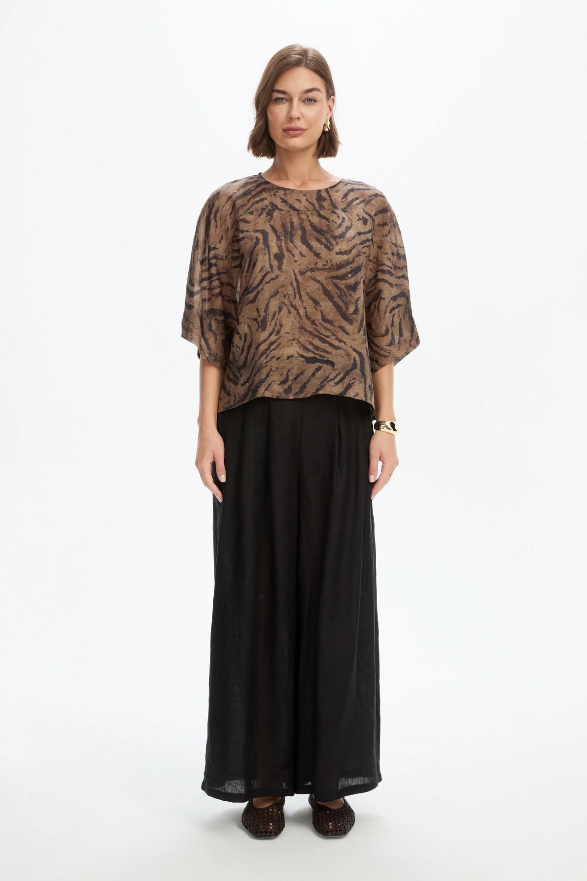 Tirelli Wide Sleeve Sheer Print Top Choc Tiger
