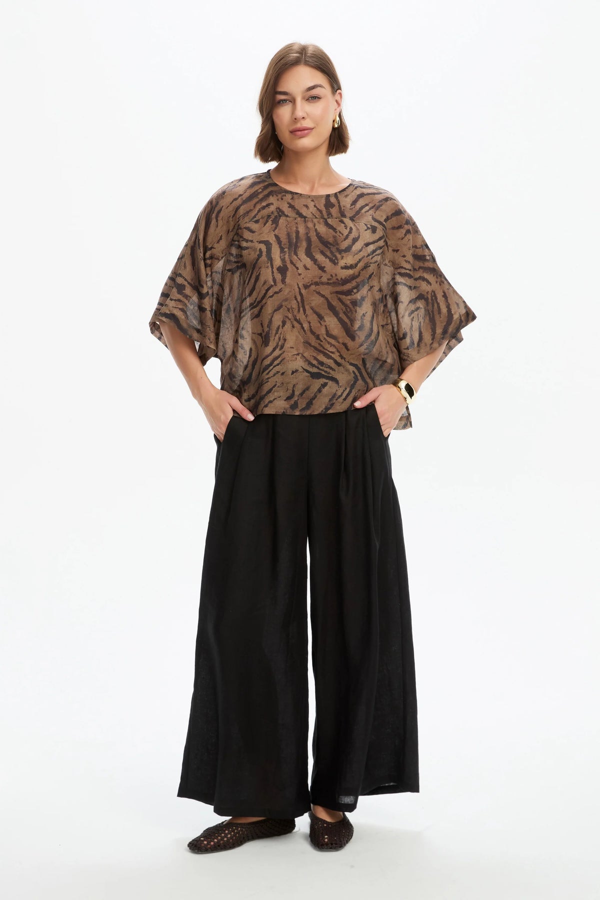 Tirelli Wide Sleeve Sheer Print Top Choc Tiger