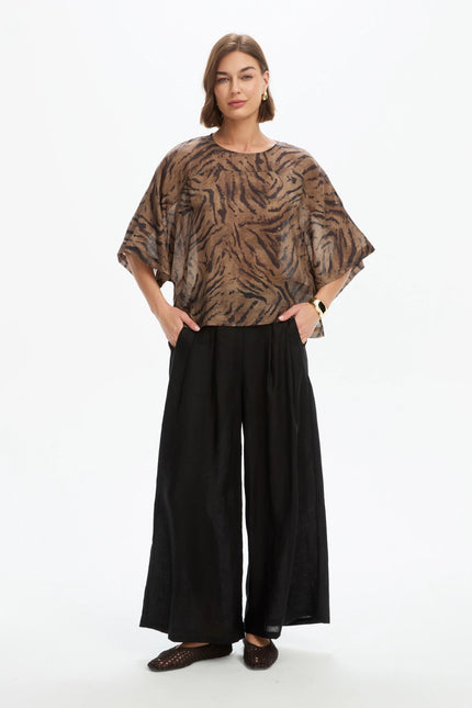 Tirelli Wide Sleeve Sheer Print Top Choc Tiger