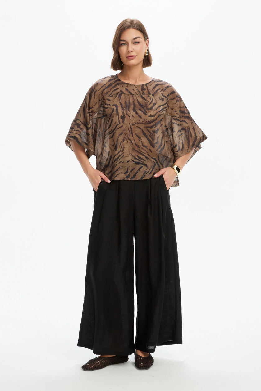Tirelli Wide Sleeve Sheer Print Top Choc Tiger