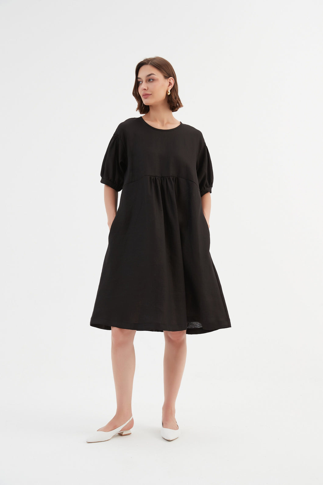 Tirelli Bishop Sleeve Shirring Dress Black