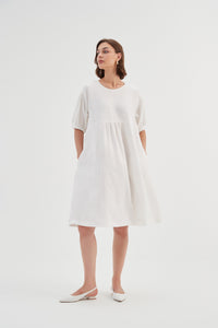 Tirelli Bishop Sleeve Shirring Dress White