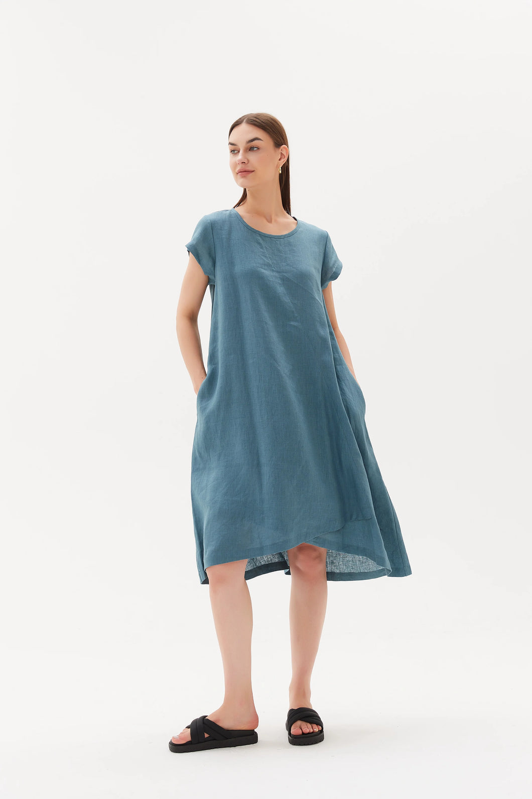 Tirelli Cap Sleeve Cross Over Dress Washed Blue