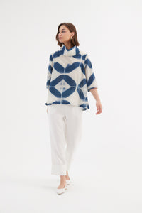 Tirelli Funnel Neck Blouse Blue Diamond Print