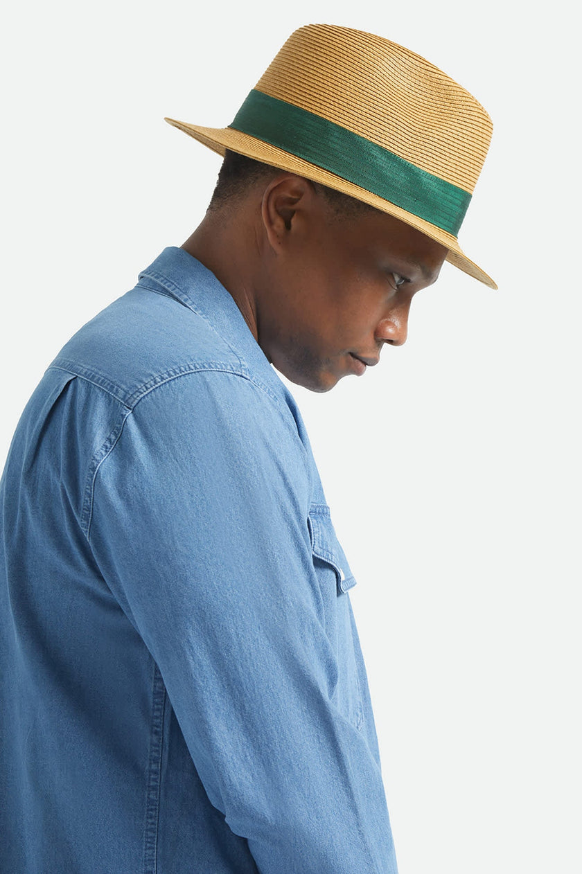 Brixton Roma Straw Packable Fedora Dark Tan/Primal Green