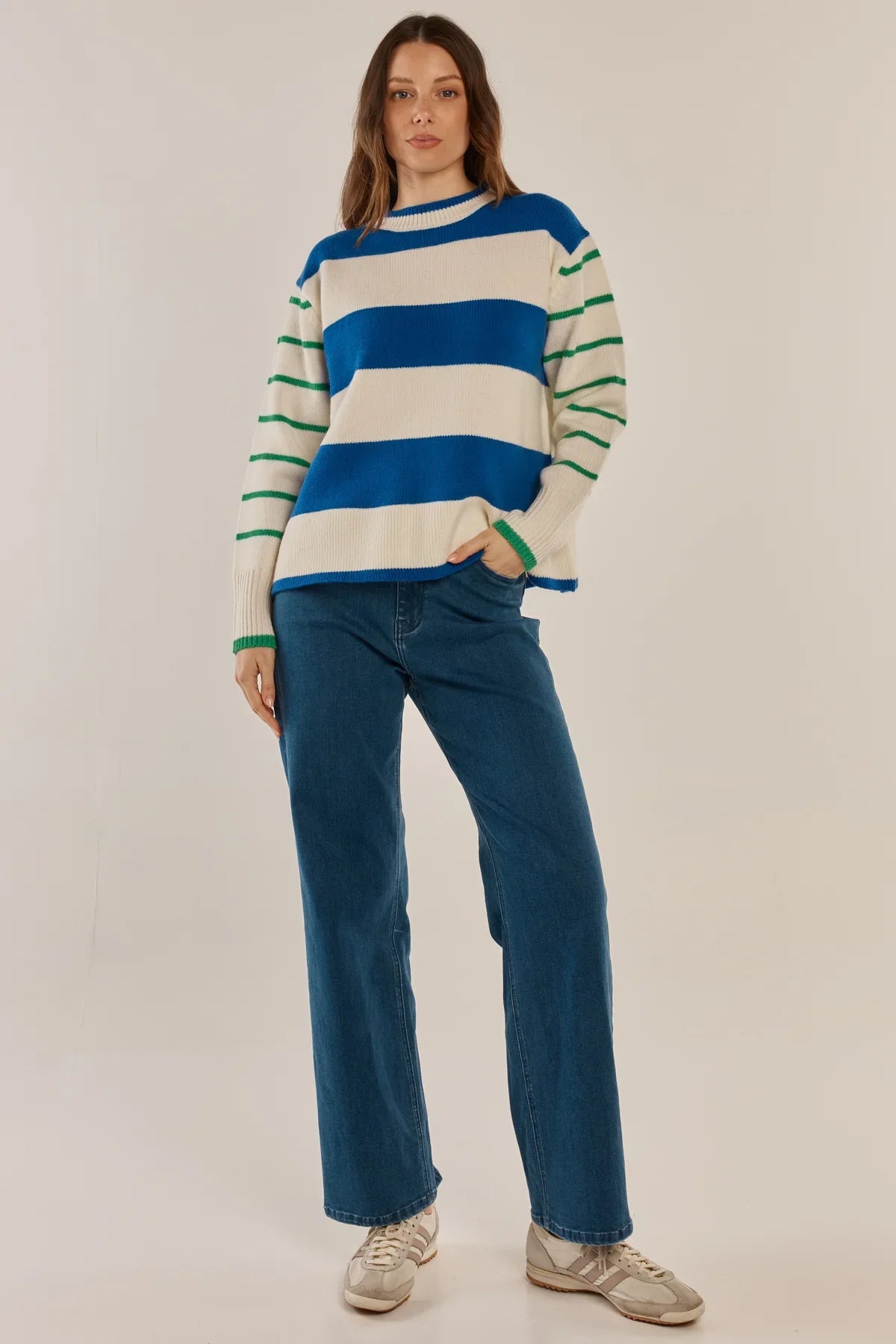 Betty Basics Camryn Sweater Blue/Green Stripe Cream