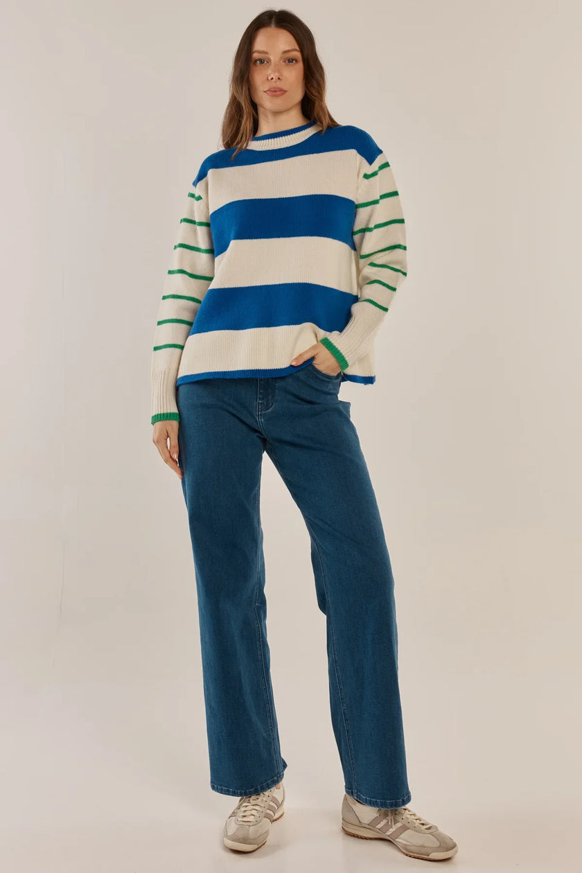 Betty Basics Camryn Sweater Blue/Green Stripe Cream
