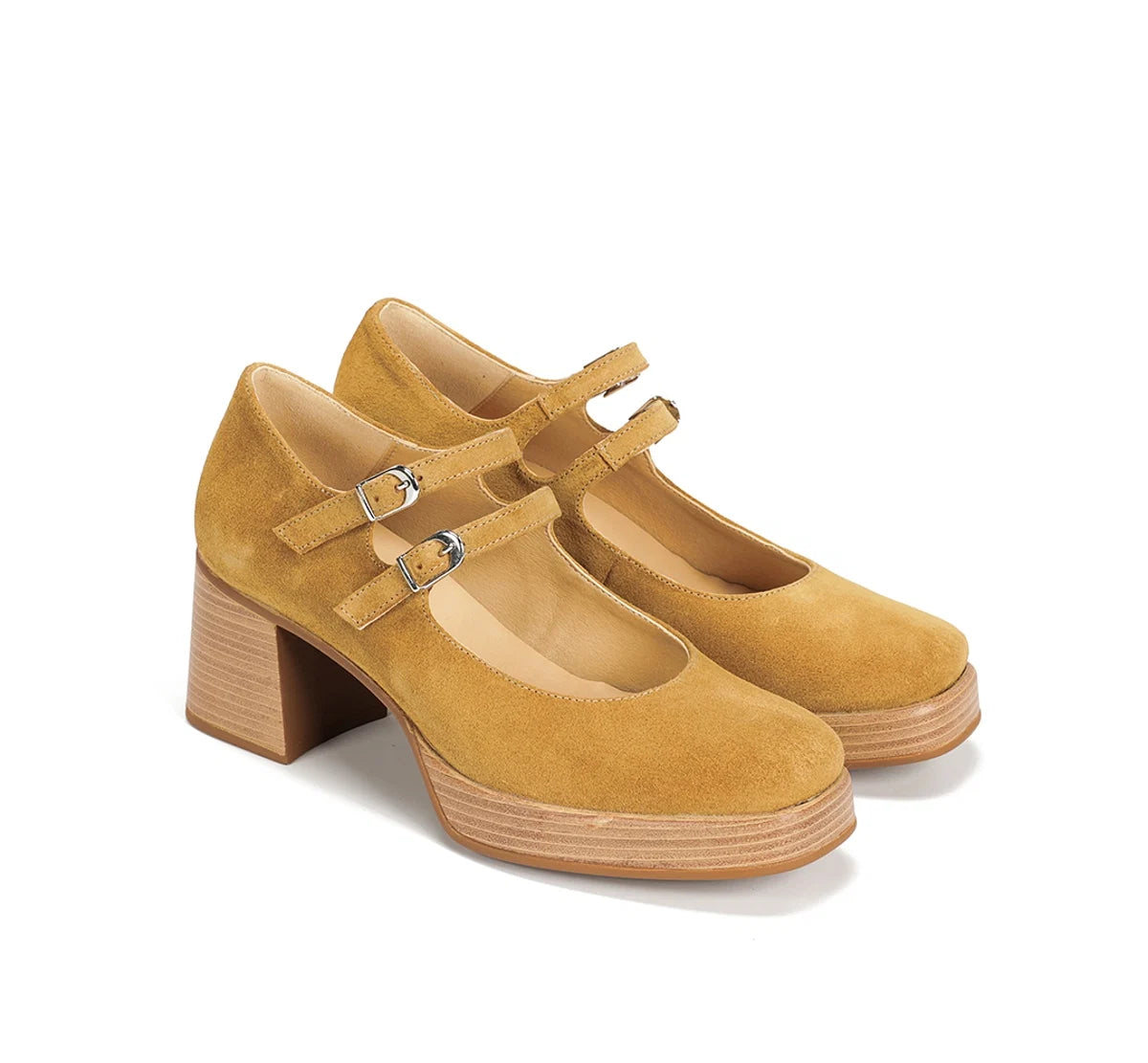 Dorking D9659 Cristel Stacked Double Mary Jane Heels Camel Nubuck