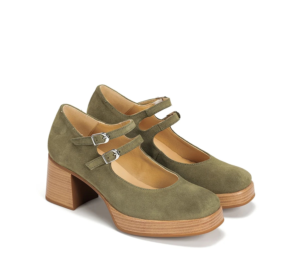 Dorking D9659 Cristel Stacked Double Mary Jane Heels Green Nubuck