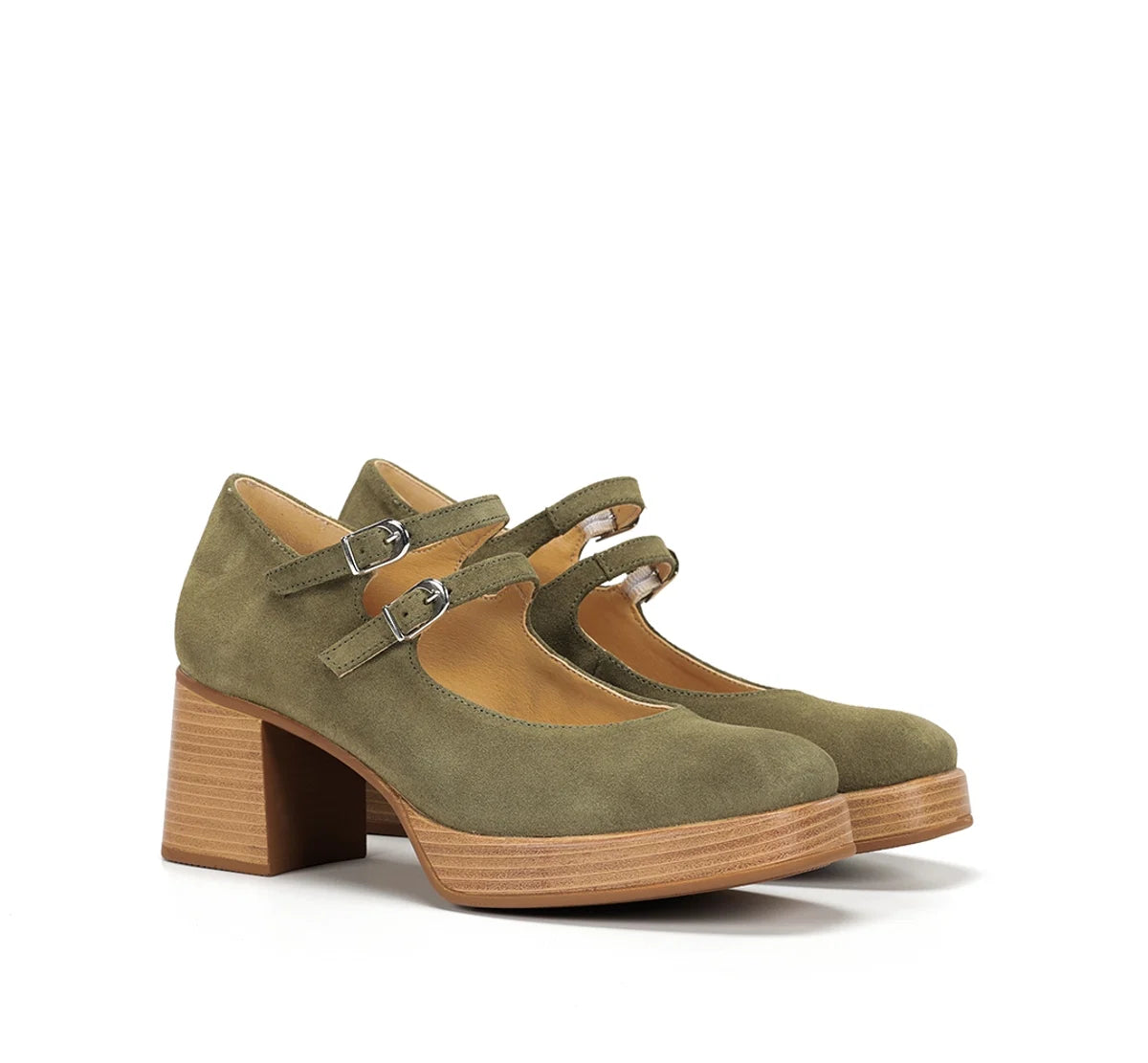 Dorking D9659 Cristel Stacked Double Mary Jane Heels Green Nubuck