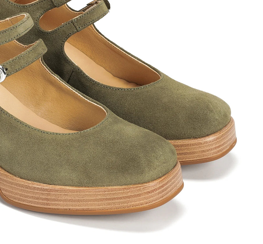 Dorking D9659 Cristel Stacked Double Mary Jane Heels Green Nubuck