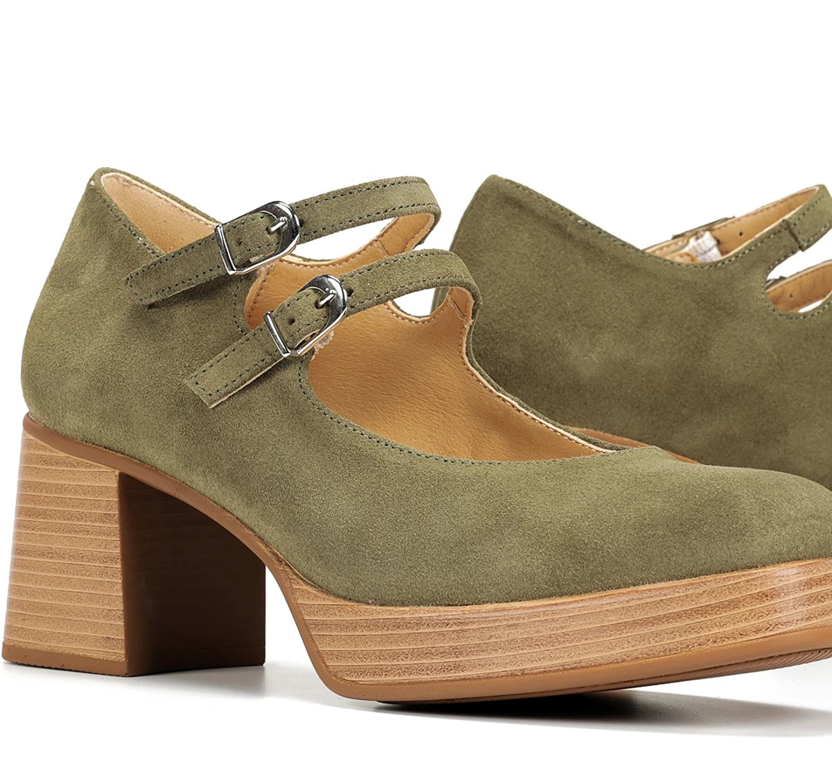 Dorking D9659 Cristel Stacked Double Mary Jane Heels Green Nubuck