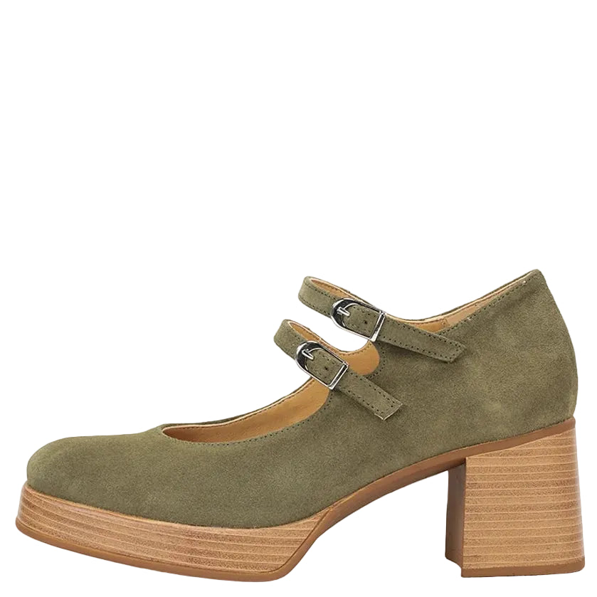 Dorking D9659 Cristel Stacked Double Mary Jane Heels Green Nubuck