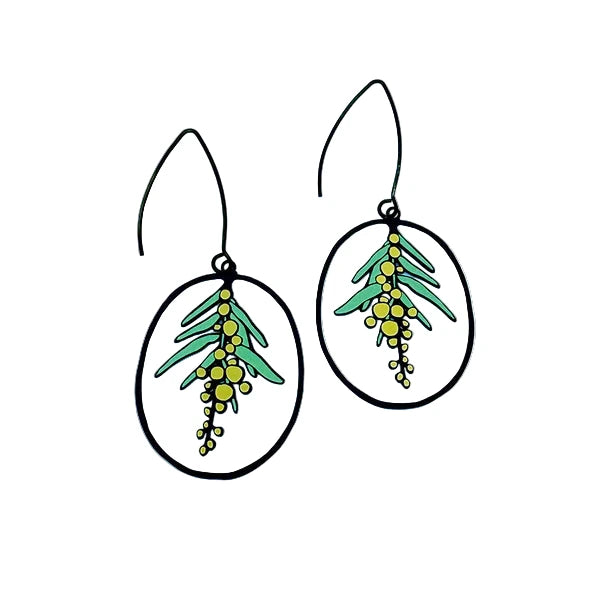 DENZ Midi Wattle Flower Earrings Black/Yellow/Green