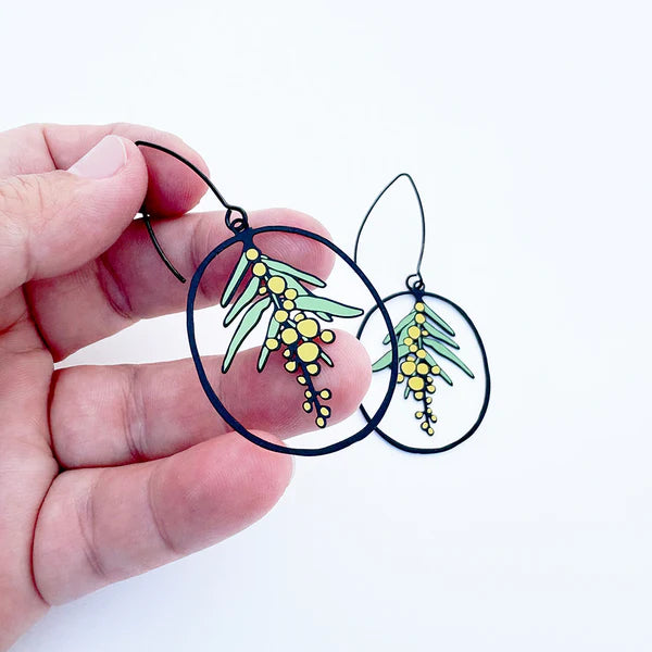 DENZ Midi Wattle Flower Earrings Black/Yellow/Green