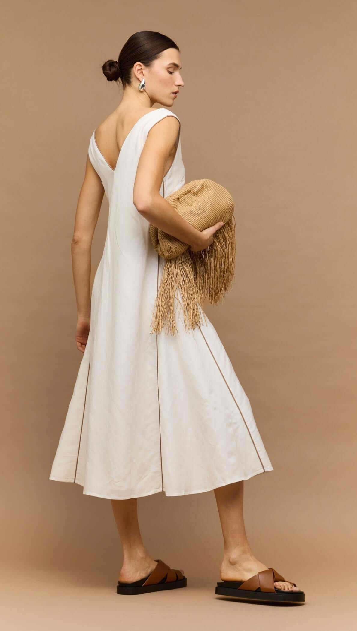 Staple The Label Nyla Godet Midi Dress White/ Latte