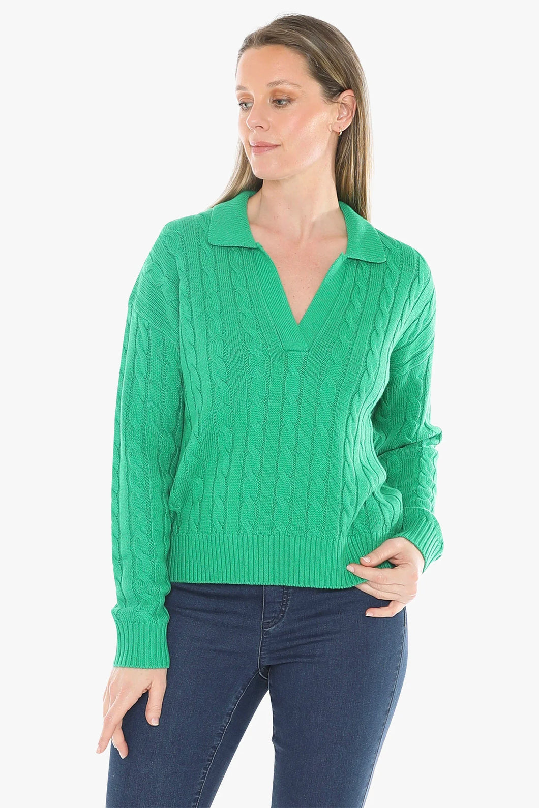 Jump Collared Cable Pullover Kelly Green