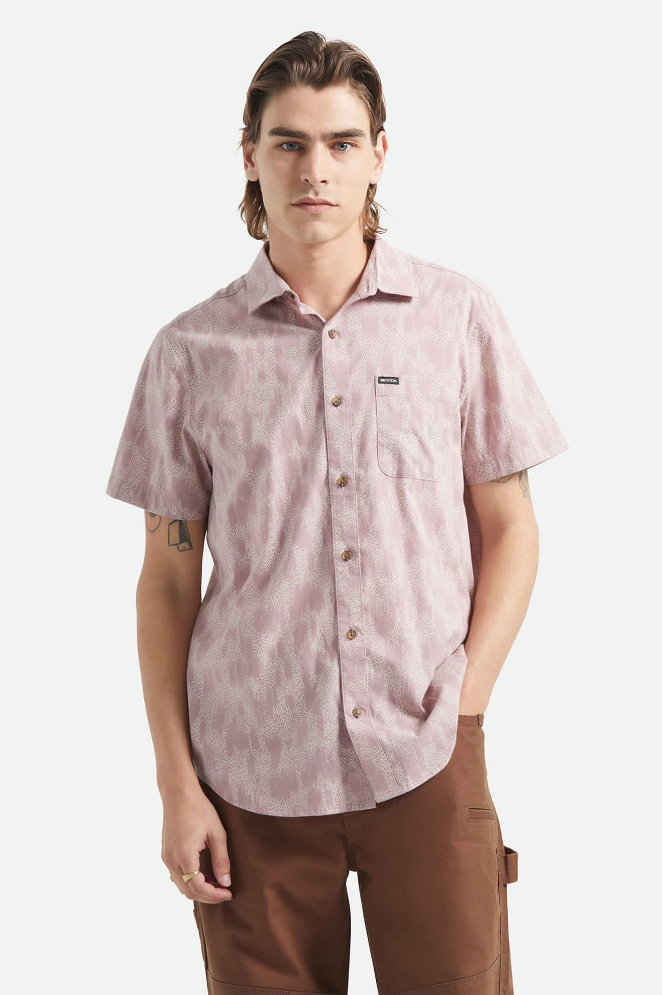 Brixton Charter Print SS Shirt Dark Pink/Silver Crackle Paint