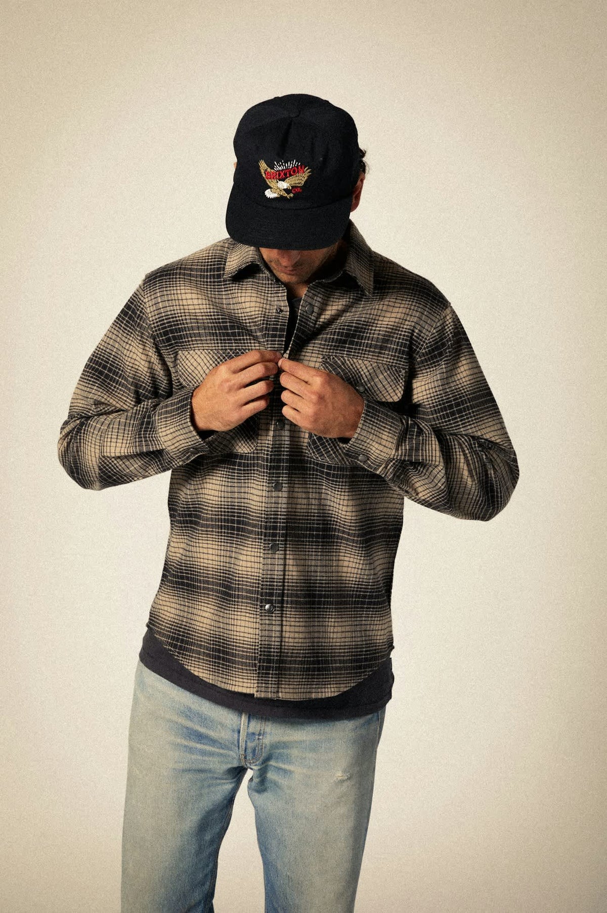 Brixton Builders Bowery Stretch LS Flannel Black/Cinder Grey