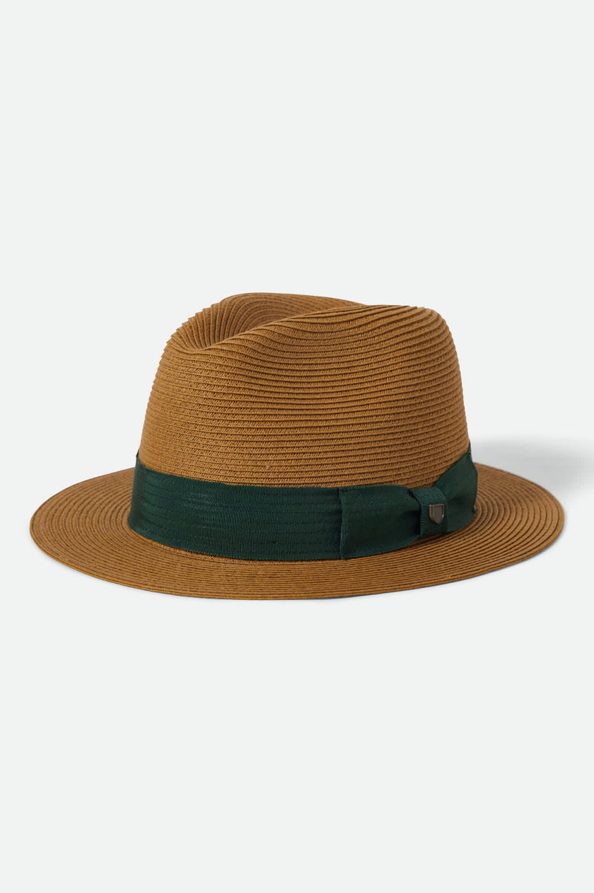 Brixton Roma Straw Packable Fedora Dark Tan/Primal Green