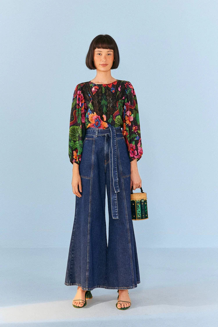 Farm Rio Blooming Garden Black Blouse
