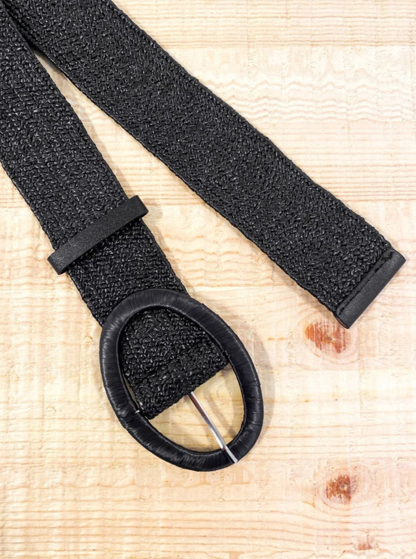 Angels Whisper Woven Oval Buckle Straw Belt Black