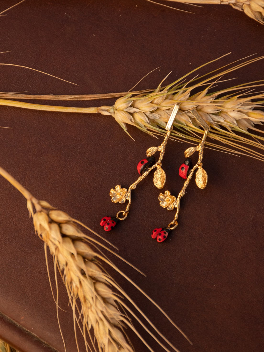Nach Ladybug Leaf Branch Drop Earrings