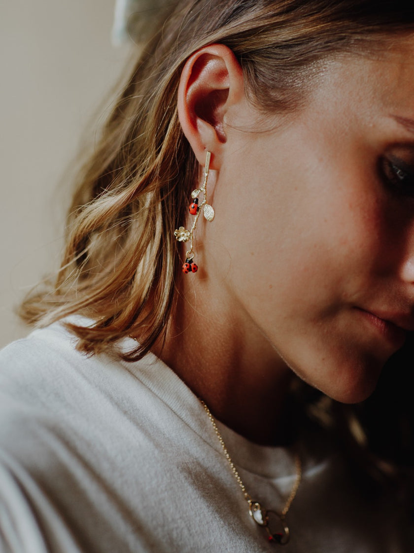 Nach Ladybug Leaf Branch Drop Earrings