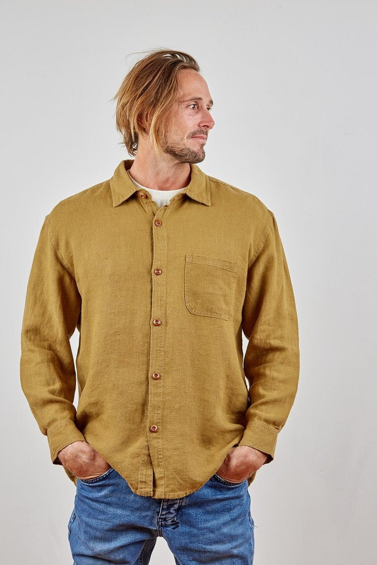 Hemp Clothing Australia Heritage Shirt Mustard Miss Gladys Sym Choon
