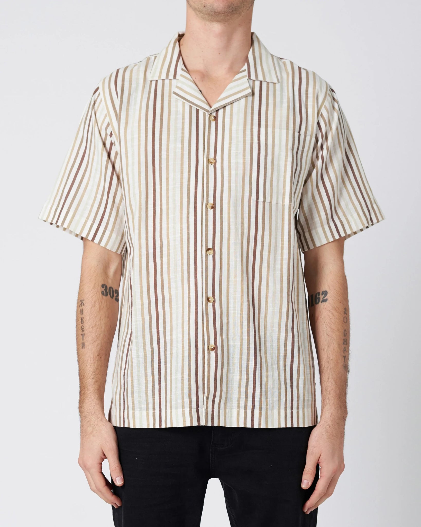 Rollas Bowler Shirt Sand Stripe – Miss Gladys Sym Choon